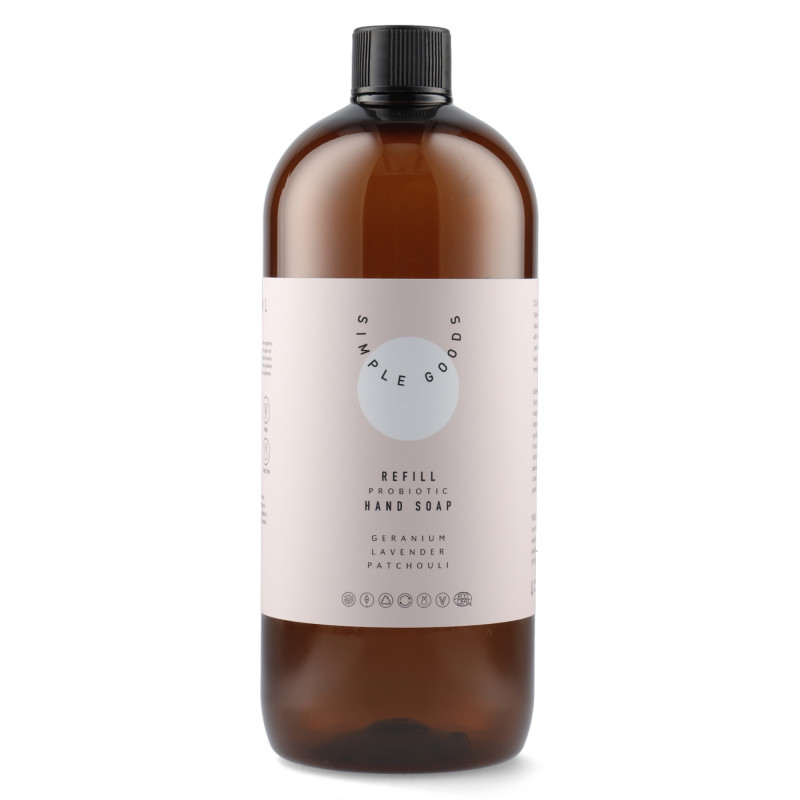 Refill til flydende håndsæbe (1000 ml) med duft af geranium, lavendel og patchouli fra Simple Goods