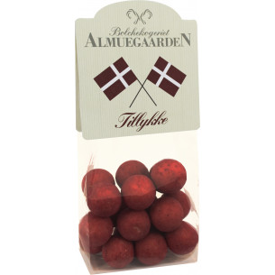 Choko-Lakrids m. hindbær (120 gram) med flagkort fra Almuegaarden