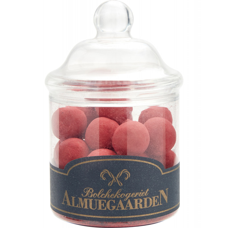 Choko-Lakrids m. hindbær (150 gram) i krukke fra Almuegaarden