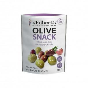 Sorte og grønne stenfrie oliven (65  gram) med rosmarin og hvidløg fra Mr. Filberts