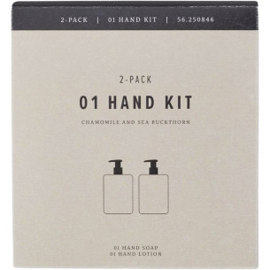 Håndpleje sæt med håndsæbe og lotion i fin æske - begge med duft af kamille og havtorn. Fra Humdakin