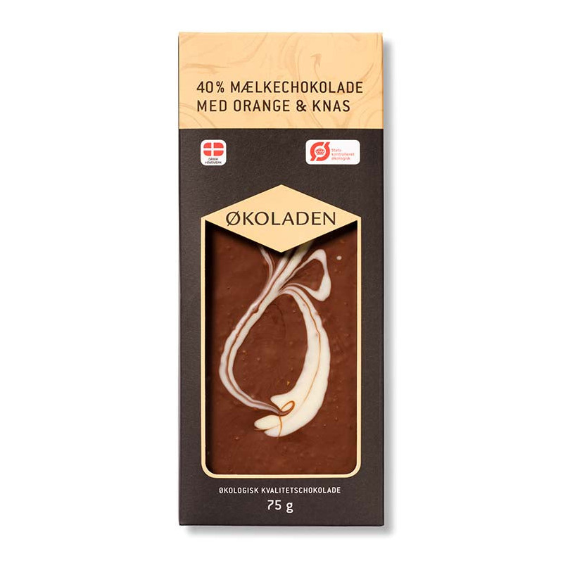 Mælkechokolade med orange og knas (75 gram) fra Økoladen