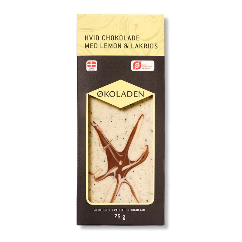 Hvid chokolade med lemon og lakrids (75 gram) fra Økoladen