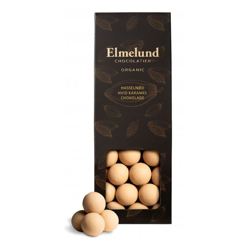 Hasselnødder drageret i hvid chokolade og karamel (90 gram) fra Elmelund Chocolatier