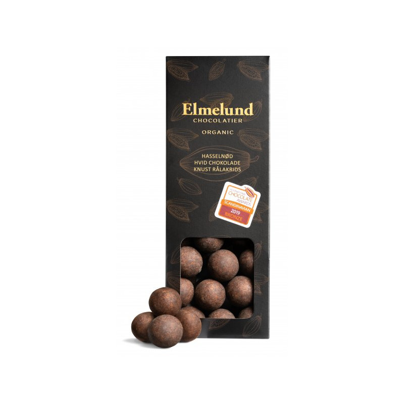 Hasselnødder drageret med hvid chokolade og lakrids (90 gram) fra Elmelund Chocolatier
