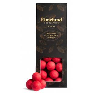 Hasselnødder drageret med hvid chokolade og hindbær pulver (90 gram) fra Elmelund Chocolatier
