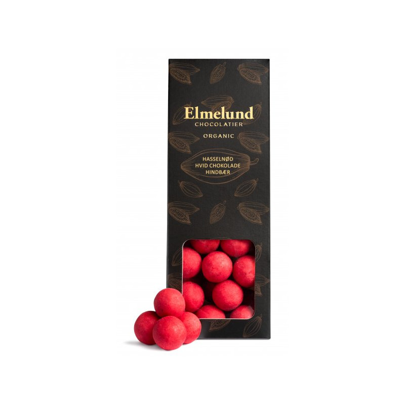 Hasselnødder drageret med hvid chokolade og hindbær pulver (90 gram) fra Elmelund Chocolatier