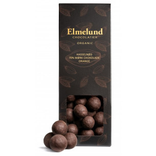 Hasselnødder drageret i mørk chokolade og orange (90 gram) fra Elmelund Chocolatier