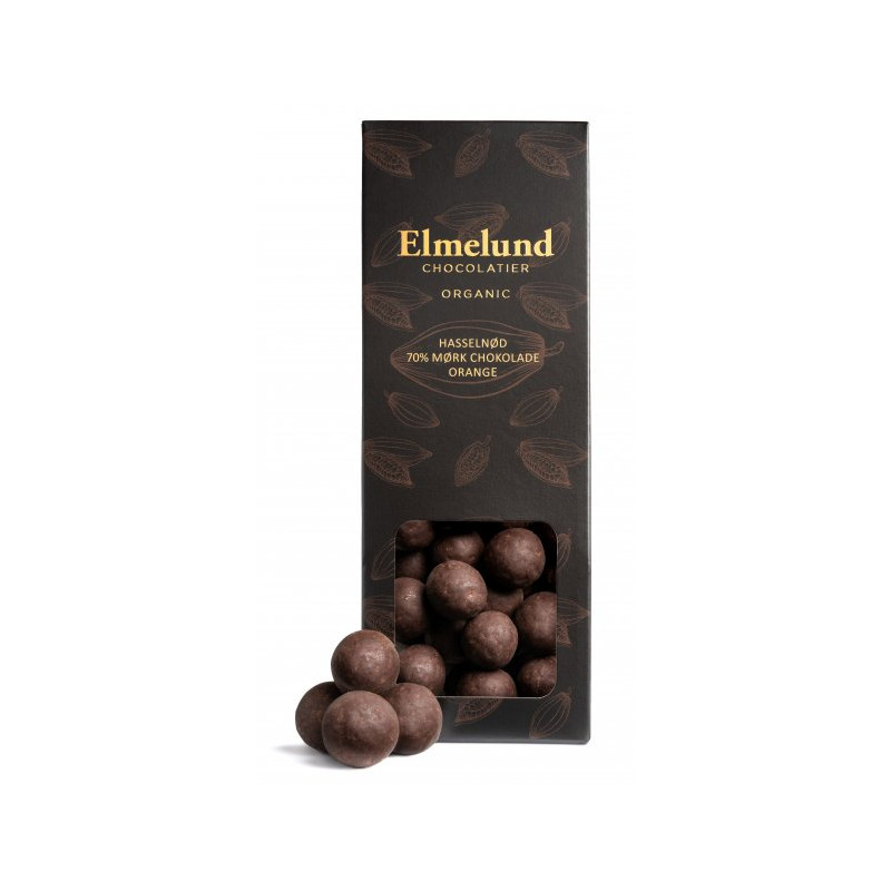 Hasselnødder drageret i mørk chokolade og orange (90 gram) fra Elmelund Chocolatier