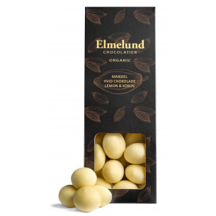 Mandler drageret i hvid chokolade med lemon og kokos (90 gram) fra Elmelund Chocolatier