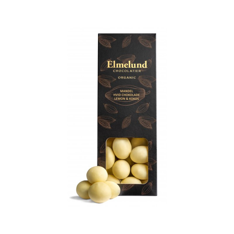 Mandler drageret i hvid chokolade med lemon og kokos (90 gram) fra Elmelund Chocolatier