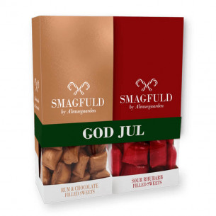 God Jul fra Smagfuld by Almuegaarden - gave med rabarber bolsjer og rom / chokolade bolsjer