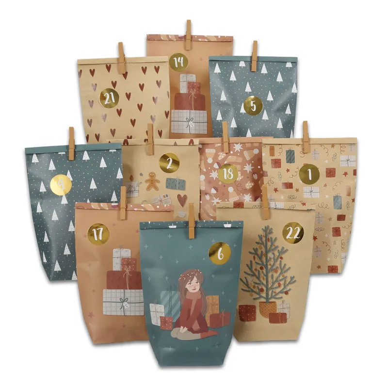 Gør-det-selv adventskalender  24 trykte kraftpapirposer i petrol og brun | Papierdrachen
