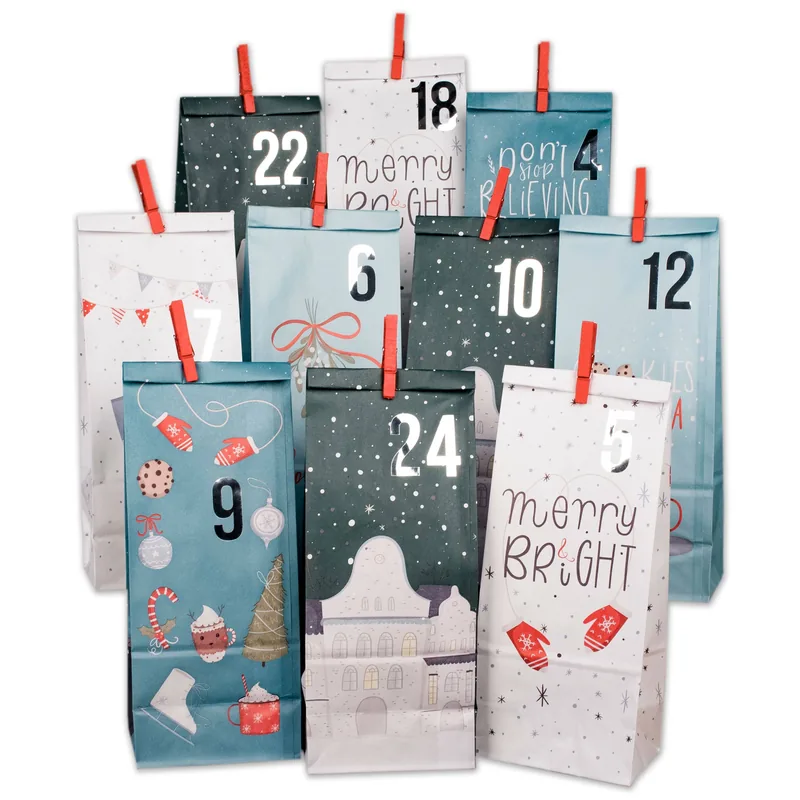 Gør-det-selv adventskalender  24 juleblå kraftposer med tryk | Papierdrachen