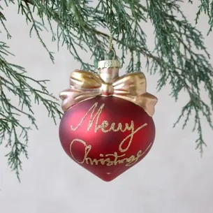 Julekugle med sløjfe og Merry Christmas  Cherry  H10/Ø8 cm