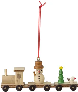 Ornament julepynt Bloomingville Rayne Train i naturfarvet krydsfiner med sneemand og fugl