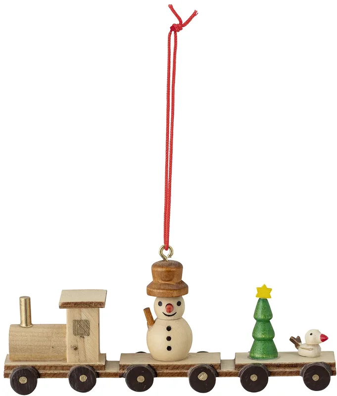 Ornament julepynt Bloomingville Rayne Train i naturfarvet krydsfiner med sneemand og fugl