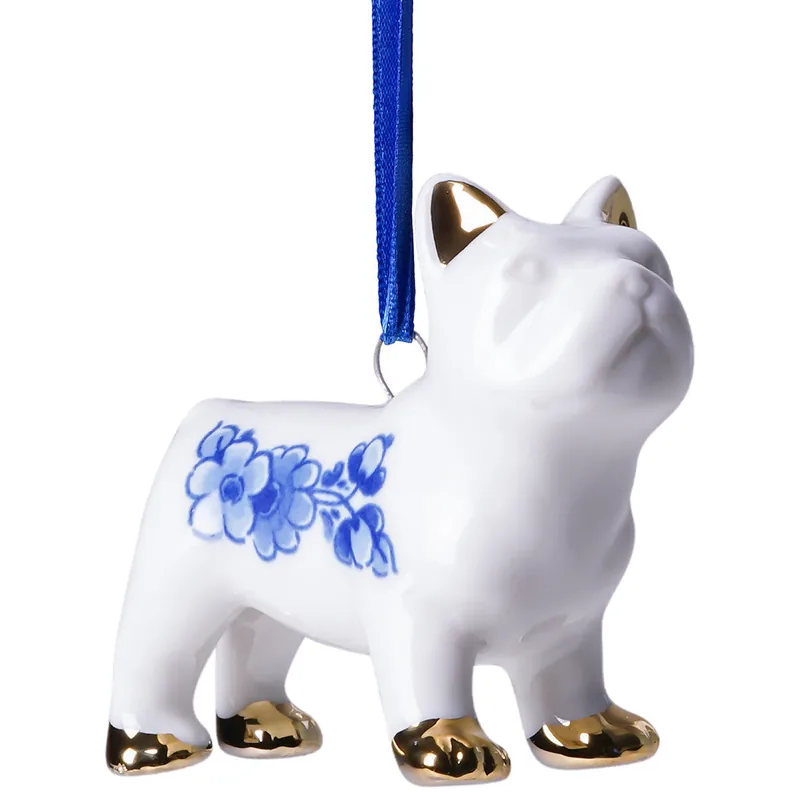 Keramisk juleornament med fransk bulldog  Heinen Delfts Blauw