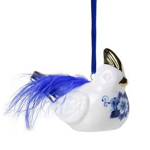 Keramisk juleornament med fugl og fjer  Heinen Delfts Blauw
