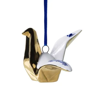 Keramisk juleornament med origamifugl  Heinen Delfts Blauw