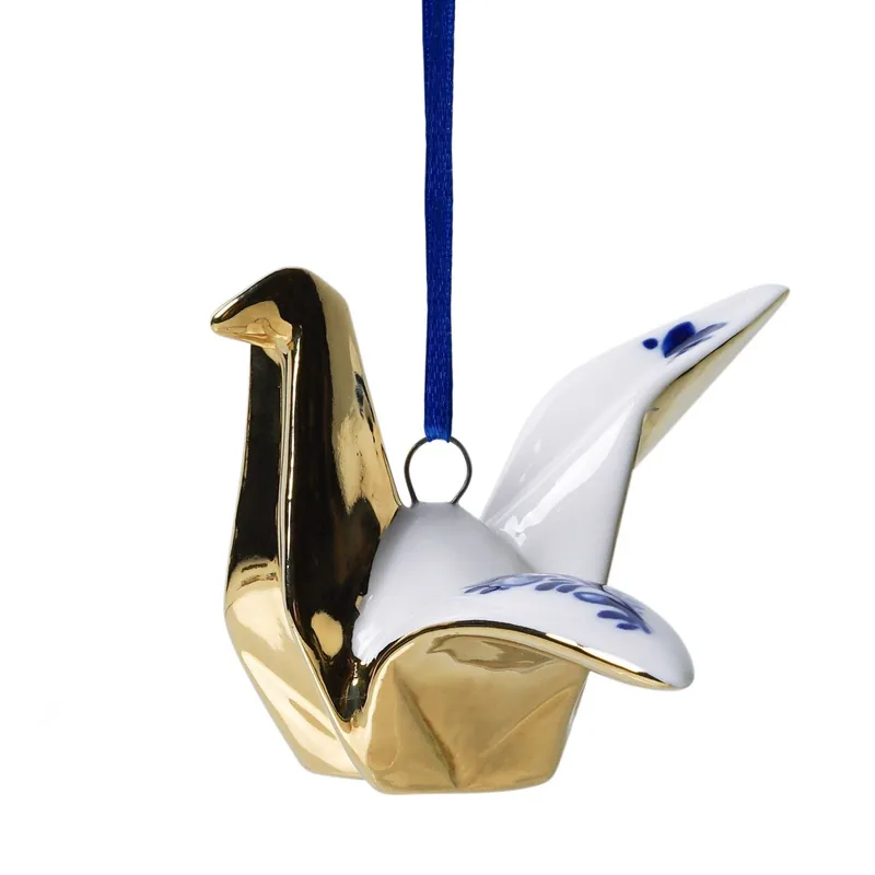 Keramisk juleornament med origamifugl  Heinen Delfts Blauw