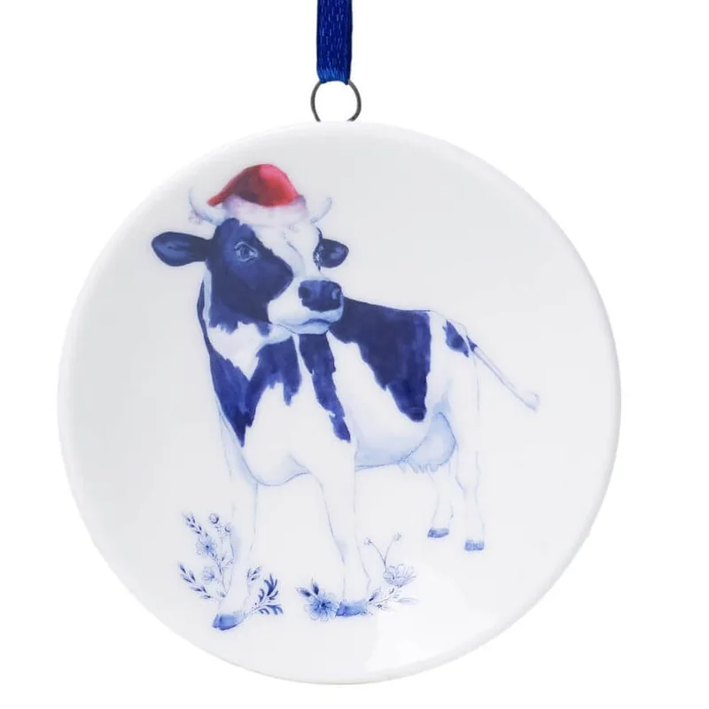 Julepynt miniature vægtallerken ko med nissehue  Ø 6 cm | Heinen Delfts Blauw