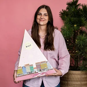 Julekalenderen til chokolade & marcipan-elskeren i lyserød kalender - 270g - Chokolade Julekalender