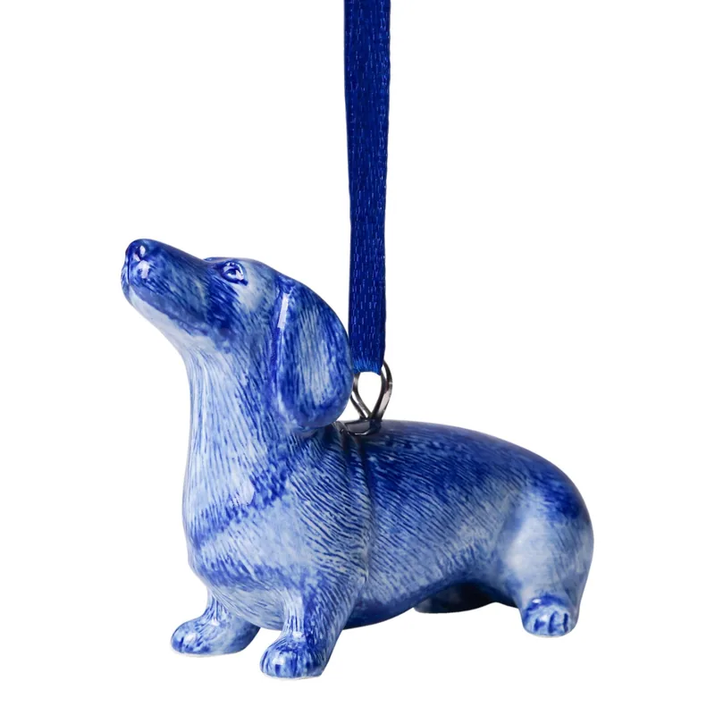 Keramisk juleornament med siddende gravhund  Heinen Delfts Blauw