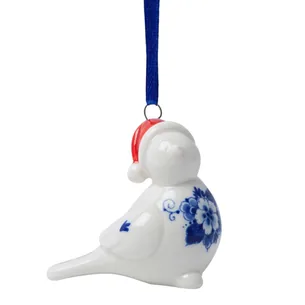 Keramisk juleornament med fugl og nissehue  Heinen Delfts Blauw