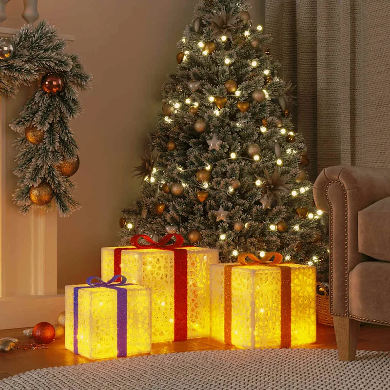 Lysende julegaver 3 stk. 64 LED'er varmt hvidt lys  Hvid