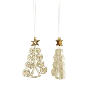 Quilled Fir juleophæng, 2 stk  -  Offwhite/guldfarvet