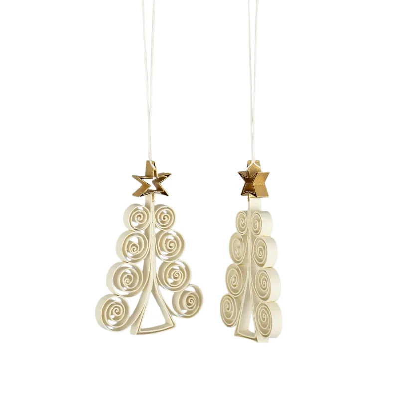 Quilled Fir juleophæng, 2 stk  -  Offwhite/guldfarvet