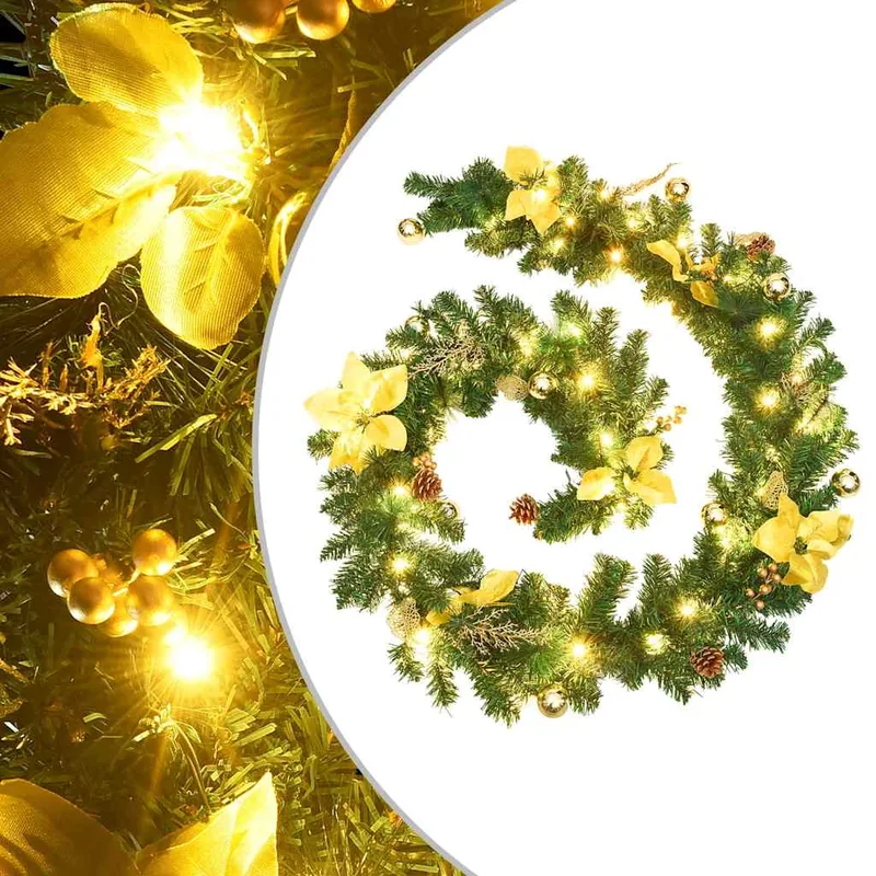 Juleguirlande med LED-lys 2,7 m PVC  Grøn og guldfarvet