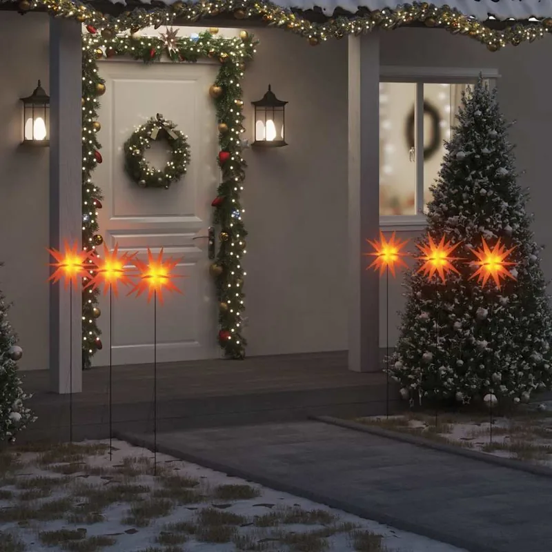 Juledekoration med LED-lys og jordspyd 3 stk. 35 cm foldbar  Rød