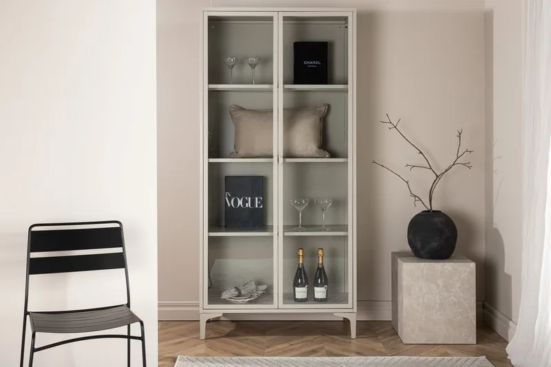 Venture Home - Piring  -  Vitrineskab, beige stål med 2 glas låger -  40×90×190cm
