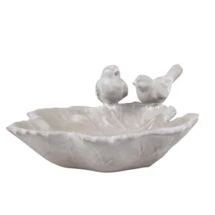 Fuglebad med 2 Fugle - Fransk Grå Cement - H 11 cm - Chic Antique