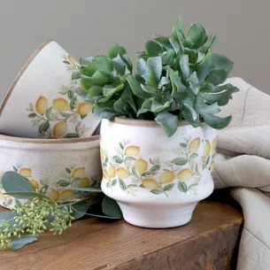 Håndmalet keramisk planteskjuler med citroner og blomster  Limone Blossom | Creme