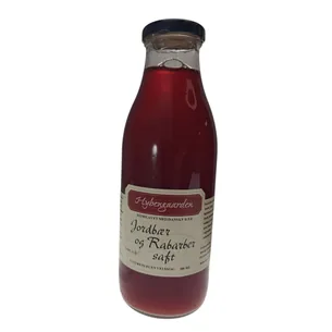 Jordbær-/rabarbersaft Hybengaarden 500 ml- OBS bedst før 17-10-2026