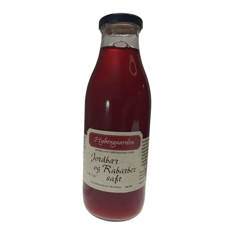 Jordbær-/rabarbersaft Hybengaarden 500 ml- OBS bedst før 17-10-2026