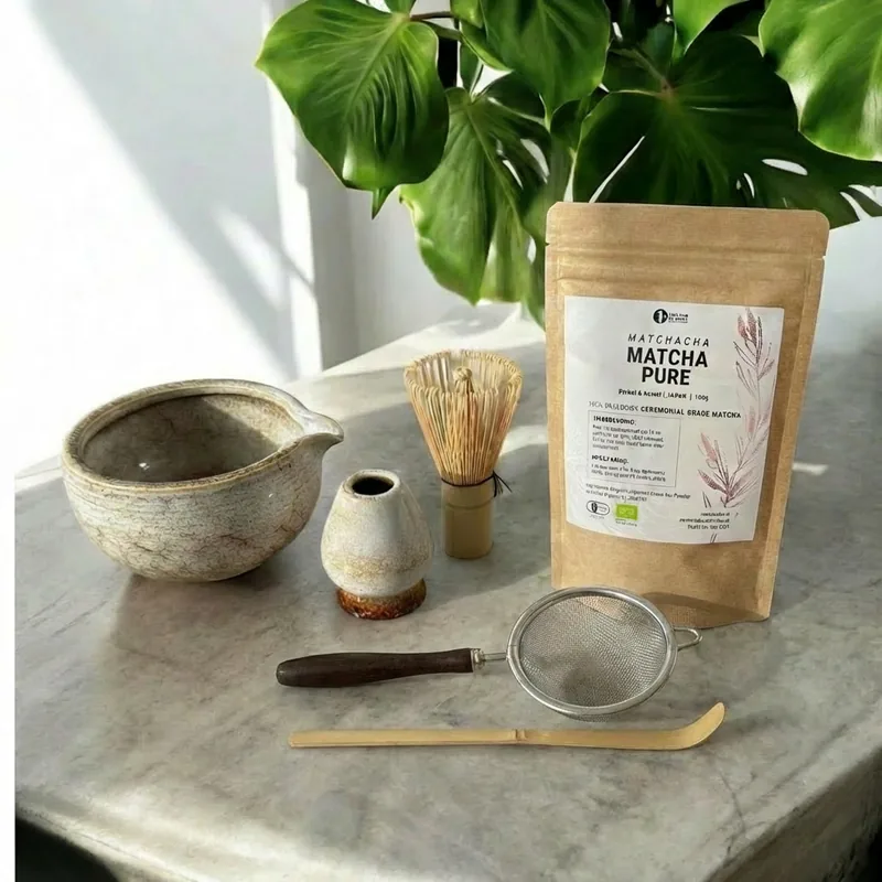 Matcha sæt inkl. rustik skål med hældetud (50g Matcha og al tilbehør)