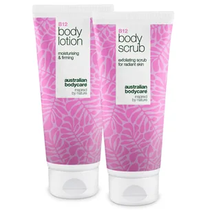 B12 hudplejesæt til tør hud  -  Eksfoliering & dybdevirkende fugtpleje â Fugtgivende B12 Body Scrub & Lotion til tør og sensitiv hud. - 3 stk.