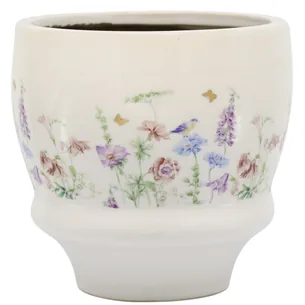 Håndlavet keramisk planteskjuler med blomster  Papillon | Creme | Stor