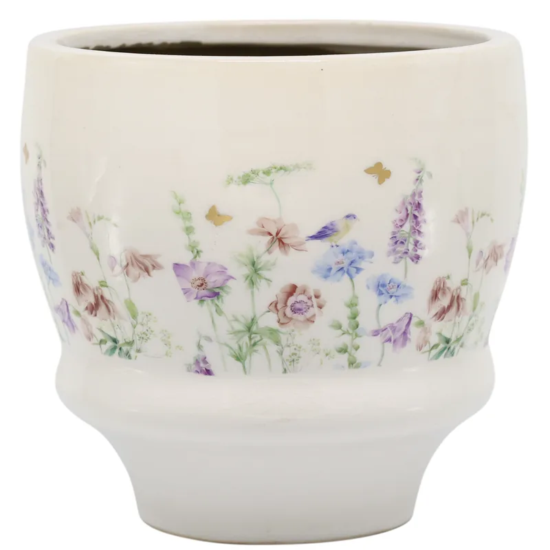 Håndlavet keramisk planteskjuler med blomster  Papillon | Creme | Stor