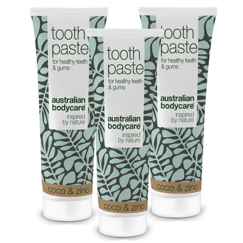 3 stk. Tea Tree Oil Tandpasta Kokos & Zink  â Til daglig pleje ved paradentose, svamp og tandkødsbetændelse - 3 stk.