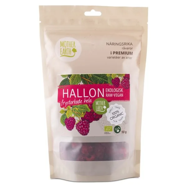 Mother Earth Frysetørrede Hindbær Hele Raw & Øko, 50 g