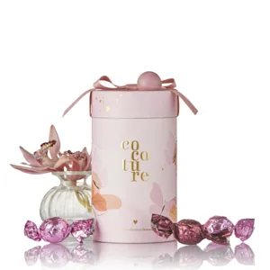 Fyldte chokoladekugler i lyserødt Cocoture gaverør med blomster og sløjfe - 250g