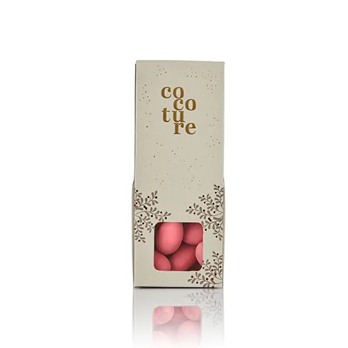 Lyserøde mandler med hvid chokolade og champagne i grå Cocoture æske - 55g
